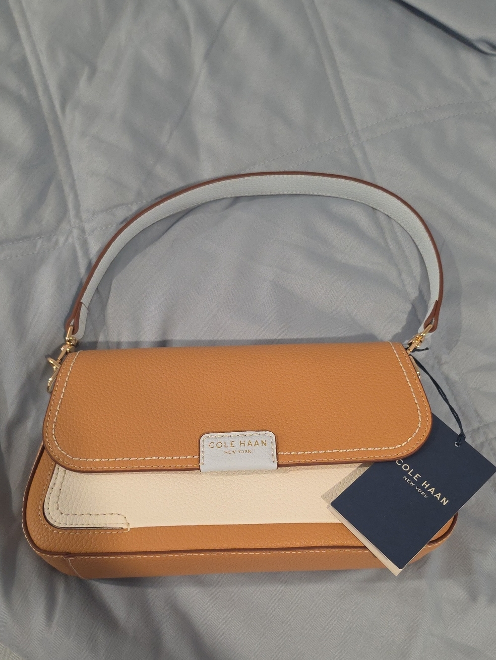 Cole Haan Tan and Cream Pebbled Leather Shoulder Bag